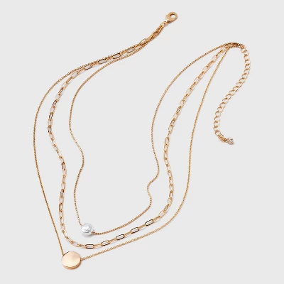 Gold 3 Row With Pearl & Coin Necklace - A New Day™ Gold: Multi-Strand, Nickel-Free Metal, Lobster Claw Clasp, 16" Length 4 Gold 3 Row With Pearl & Coin Necklace - A New Day™ Gold: Multi-Strand, Nickel-Free Metal, Lobster Claw Clasp, 16" Length - Image 2