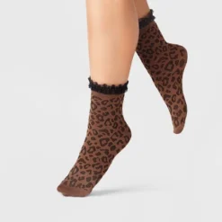 Women's Ruffle Trim Knit Leopard Print Anklet Socks - A New Day™ Brown/Black One Size -A New Day GUEST 5d7a750b 13ac 468b b428 6bd517495ee9