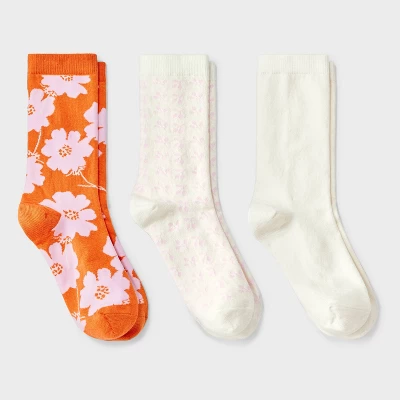Women's Floral 3pk Crew Socks - A New Day™ Orange/Pink/Ivory 4-10: Tagless, Smooth Toe Seams 5 Women's Floral 3pk Crew Socks - A New Day™ Orange/Pink/Ivory 4-10: Tagless, Smooth Toe Seams - Image 3