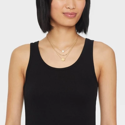 Gold 3 Row With Pearl & Coin Necklace - A New Day™ Gold: Multi-Strand, Nickel-Free Metal, Lobster Claw Clasp, 16" Length 3 Gold 3 Row With Pearl & Coin Necklace - A New Day™ Gold: Multi-Strand, Nickel-Free Metal, Lobster Claw Clasp, 16" Length