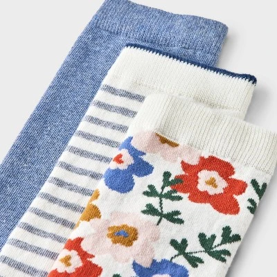 Women's Floral 3pk Crew Socks - A New Day™ Ivory/Blue/Gray 4-10: Tagless, Smooth Toe Seams 4 Women's Floral 3pk Crew Socks - A New Day™ Ivory/Blue/Gray 4-10: Tagless, Smooth Toe Seams - Image 2